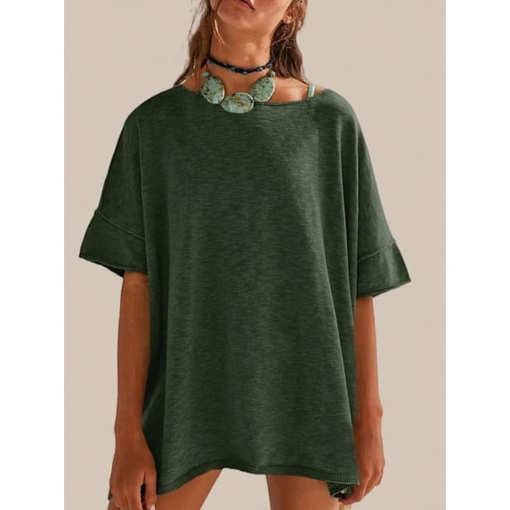 Women Crew‑Neck Oversized Short‑Sleeve T‑Shirt, Loose Drop‑Shoulder Side‑Slit Hem Casual Summer Tunic Blouse Tops