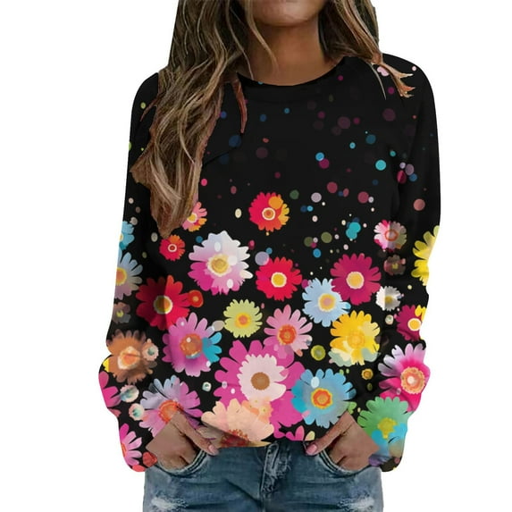 Women Crew Neck Pullover Halloween Sweatshirt Plus Size Women Casual Crew Neck Sweatshirt Flowers Printing Long Sleeve Sweatshirt Casual Top Pullover M