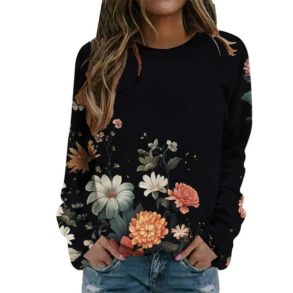 Women Crew Neck Pullover Halloween Sweatshirt Plus Size Women Casual Crew Neck Sweatshirt Flowers Printing Long Sleeve Sweatshirt Casual Top Pullover L