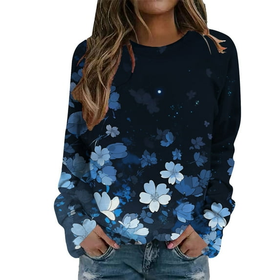 Women Crew Neck Pullover Halloween Sweatshirt Plus Size Women Casual Crew Neck Sweatshirt Flowers Printing Long Sleeve Sweatshirt Casual Top Pullover M