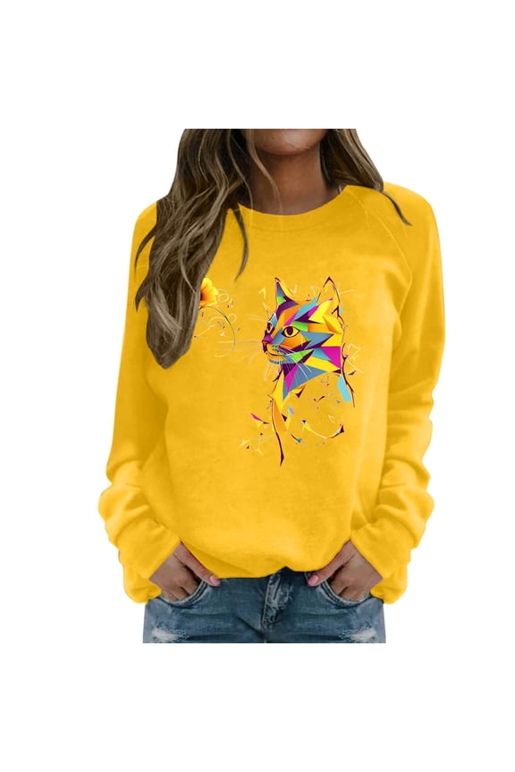 Women Crew Neck Pullover Oversized Sweatshirt for Women Ribbed Women's Casual Round Neck Raglan Long Sleeved Colorful Sunflower Cat Print Pullover Sweatshirt Sweater Xl