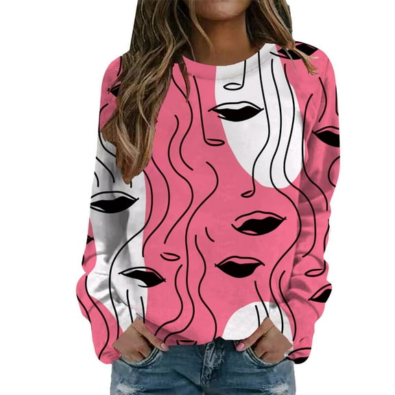 Women Crew Neck Pullover off The Shoulder Sweatshirt for Women 80S Women Casual Sweatshirt Printing Crew Neck Long Sleeve Sweatshirt Casual Top Pullover S
