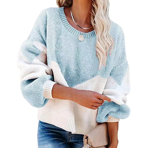 Women Crew Neck Pullover Sweater Fashionable Casual Loose Color Blocking Women Long Sleeve Sweater Aqua Blue S