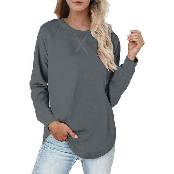 Women Crew Neck Pullover Womens Sweatshirt with Pockets No Hood Womens Solid Round Neck Plus Size Top Fashionable Long Sleeved Hoodless Sweatshirt Xxl