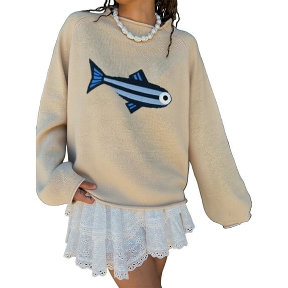 Women Crew Neck Rib Knit Fish Graphic Oversized Y2k Pullover Sweater Jumper Color L