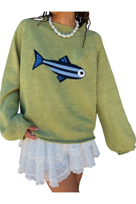 Women Crew Neck Rib Knit Fish Graphic Oversized Y2k Pullover Sweater Jumper Light Green L