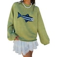 thumbnail image 1 of Women Crew Neck Rib Knit Fish Graphic Oversized Y2k Pullover Sweater Jumper Light Green M, 1 of 8
