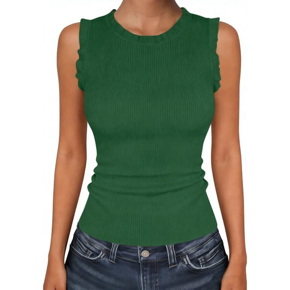 Women Crew Neck Ruffle Sleeve Ribbed Knit Tank Tops Slim Fitting Casual Stretchy Daily Sleeveless Vests Green XXL