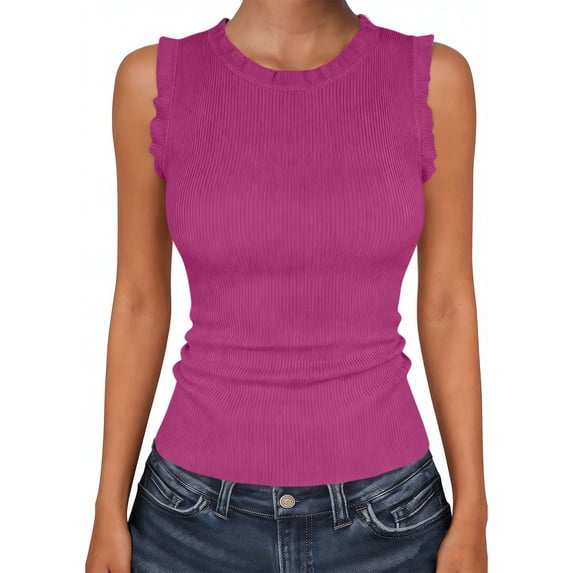 Women Crew Neck Ruffle Sleeve Ribbed Knit Tank Tops Slim Fitting Casual Stretchy Daily Sleeveless Vests XXL
