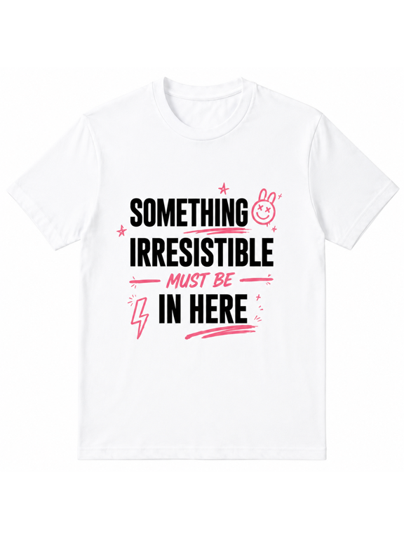 Women Crew Neck Short Sleeve Cotton T-Shirt, Something Irresistible Must Be In Here Pink Doodle Bunny Lightning Star Graffiti Letter Graphic Relaxed Fit Daily Casual Tee