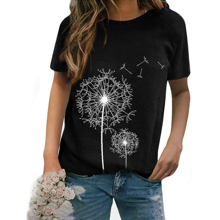 ZXSXSY Women Crew Neck Short Sleeve Dandelion Printed Top ZXSXSY Women Crew Neck Short Sleeve Dandelion Printed Top