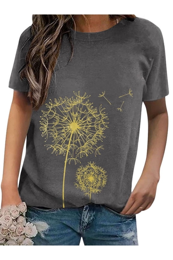 Women Crew Neck Short Sleeve Dandelion Printed Top