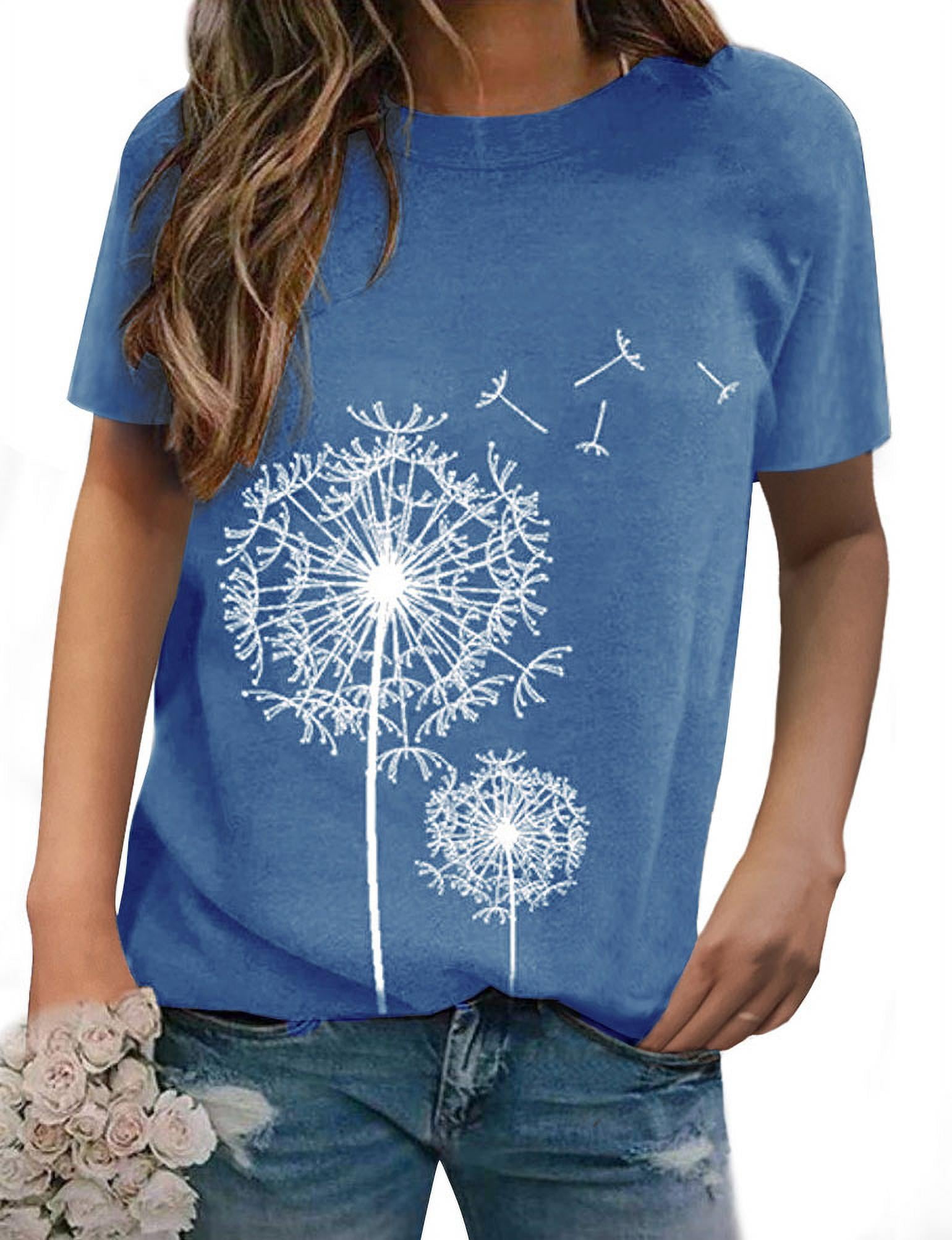 ZXSXSY Women Crew Neck Short Sleeve Dandelion Printed Top