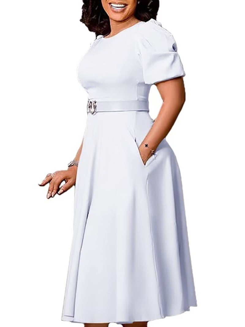 Women Crew Neck Short Sleeve Pleated Dress Cocktail Party Elegant Business  Dress