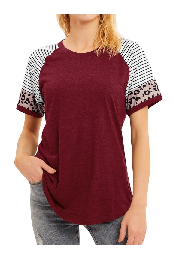 Women Crew Neck Short Sleeve Stripes Leopard Print Top,2XL
