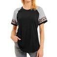 thumbnail image 1 of Women Crew Neck Short Sleeve Stripes Leopard Print Top, M, 1 of 8