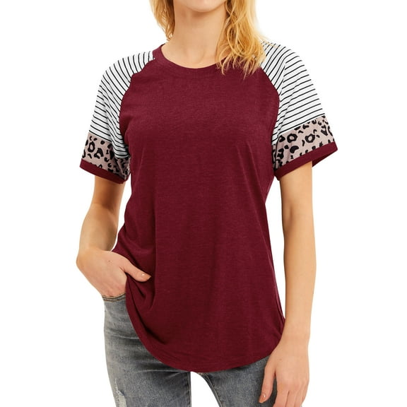 Women Crew Neck Short Sleeve Stripes Leopard Print Top,XL