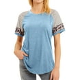 thumbnail image 1 of Women Crew Neck Short Sleeve Stripes Leopard Print Top, 1 of 8