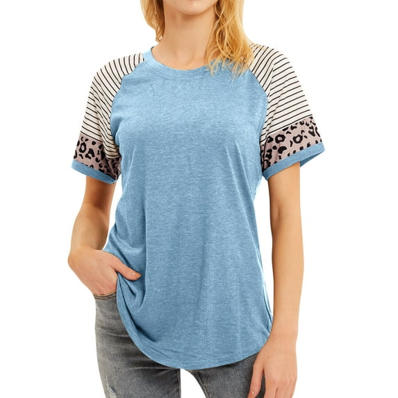 Women Crew Neck Short Sleeve Stripes Leopard Print Top