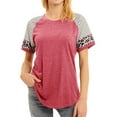 thumbnail image 1 of Women Crew Neck Short Sleeve Stripes Leopard Print Top, 1 of 8
