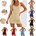 thumbnail image 1 of Women Crew Neck Sleeveless Tennis Dress, Solid Ribbed Bodycon Mini Dress with Built-In Shorts & Side Pockets, Stretchy Athletic Workout Dress Beige XL(XL), 1 of 8