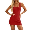 thumbnail image 1 of Women Crew Neck Sleeveless Tennis Dress, Solid Ribbed Bodycon Mini Dress with Built-In Shorts & Side Pockets, Stretchy Athletic Workout Dress Red XXL(XXL), 1 of 8