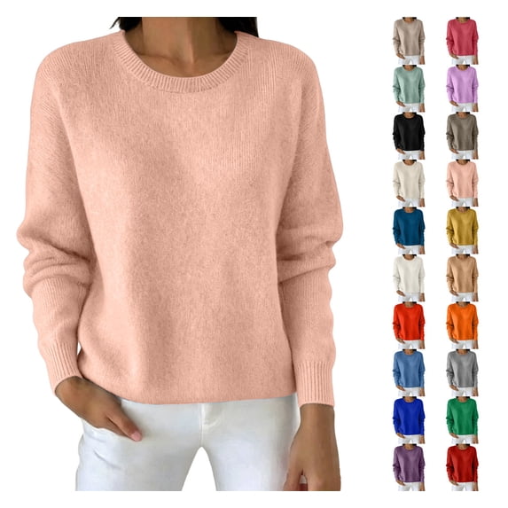 Women Crew Neck Soft Knit Sweater Loose Long Sleeve Rib Cuff Solid Color Basic Pullover Top Casual Fall Layering Blouse