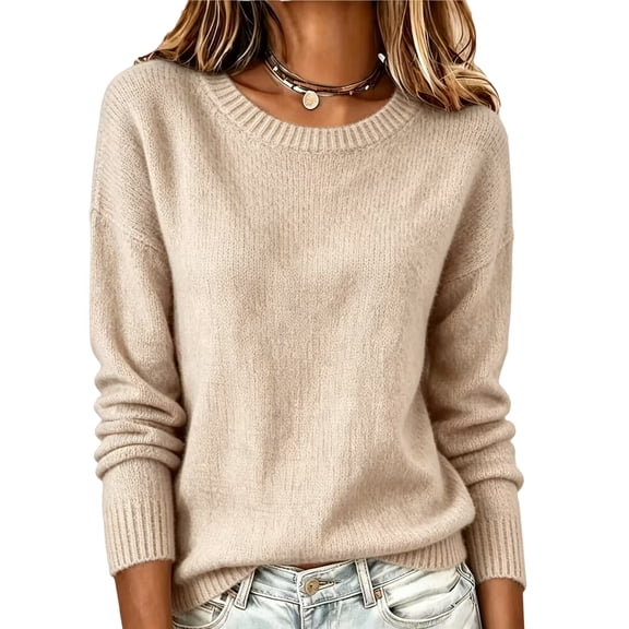 Women Crew Neck Solid Color Knit Sweater Long Sleeve Soft Casual Pullover, S