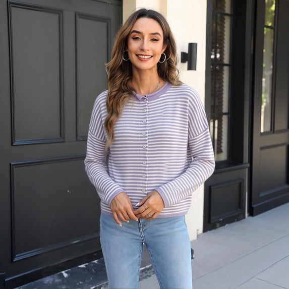 Women Crew Neck Striped Button Front Knit Cardigan Long Sleeve Cropped Fall Casual Sweater S