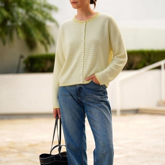 Women Crew Neck Striped Button Front Knit Cardigan Long Sleeve Cropped Fall Casual Sweater S