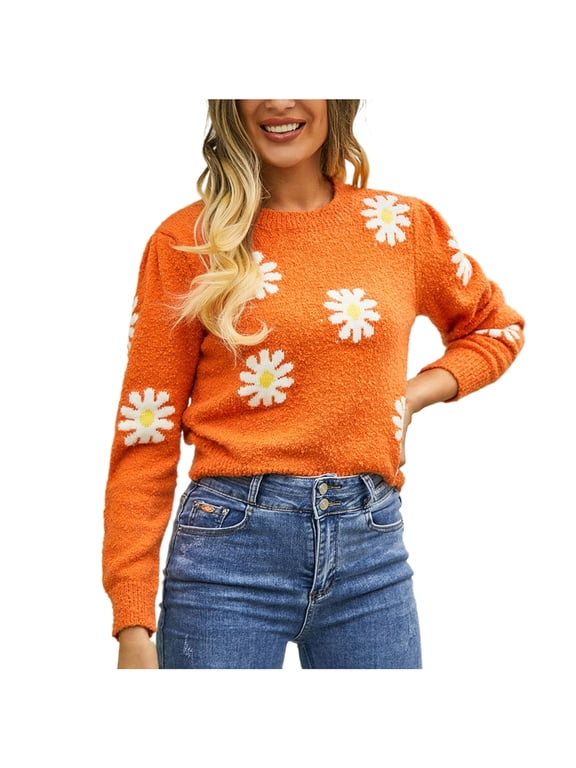 Women Crew Neck Sweater Cute Daisy Embroidery Long Sleeve Ribbed Knit Pullover Casual Loose Fit Winter Fall Warm Top M