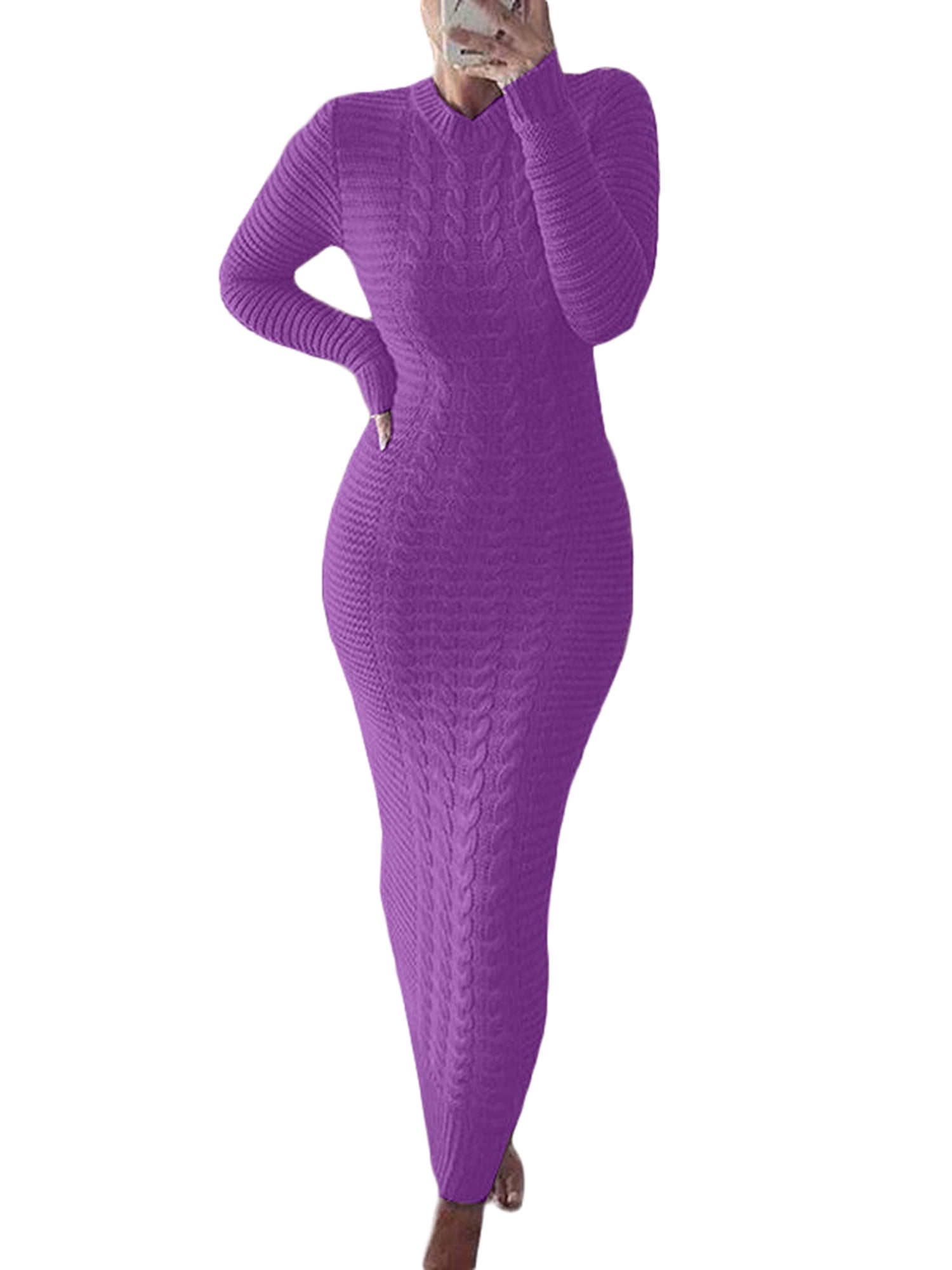 Women Crew Neck Sweater Maxi Dress Long Sleeve Solid Color Ribbed Knit