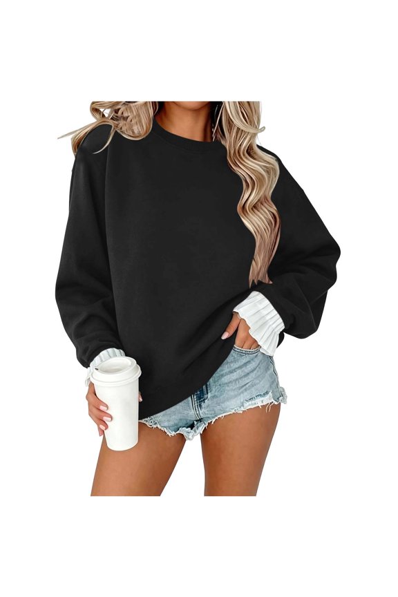 Women Crew Neck Sweatshirt - Long Sleeve Ruffle Patchwork Loose Pullover Tops - Fall Drop Shoulder Athleisure Casual Sweatshirt