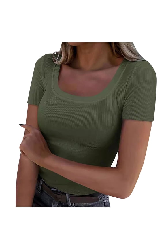 Women Crew Neck T shirts Ribbed Tight Tee Shirt Short Sleeve Basic Tops