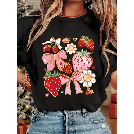Women Crew Neck Tee 2026 New Strawberry Bow Print Comfy Casual Short Sleeve Top