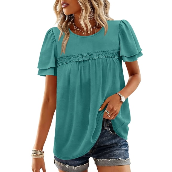 Women Crew Neck Tees, Ladies Dressy Casual T-Shirt, Female Lace Ruched Solid Color Short Sleeve Tee Shirts
