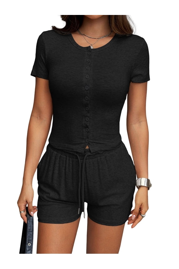 Women Crew Neck Two Piece Short Sets Cap Sleeve Drawstring Summer Sweatsuit with Pocket Black S