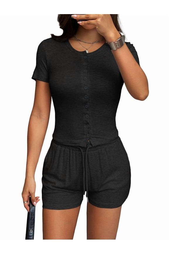 Women Crew Neck Two Piece Short Sets Cap Sleeve Drawstring Summer Sweatsuit with Pocket