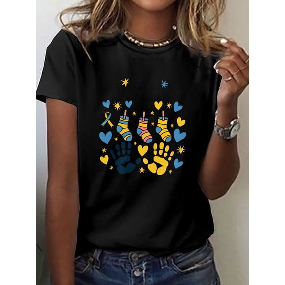 Women Crew Neck World Syndrome Day Geometric Graphic Print Short Sleeve Casual T-Shirt, Regular Fit Stretch Polyester Spandex Awareness Top for Spring Summer