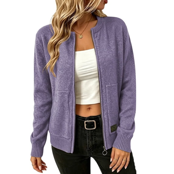 Women Crew Neck Zip Up Solid Knit Cardigan with Dual Side Pockets XXL