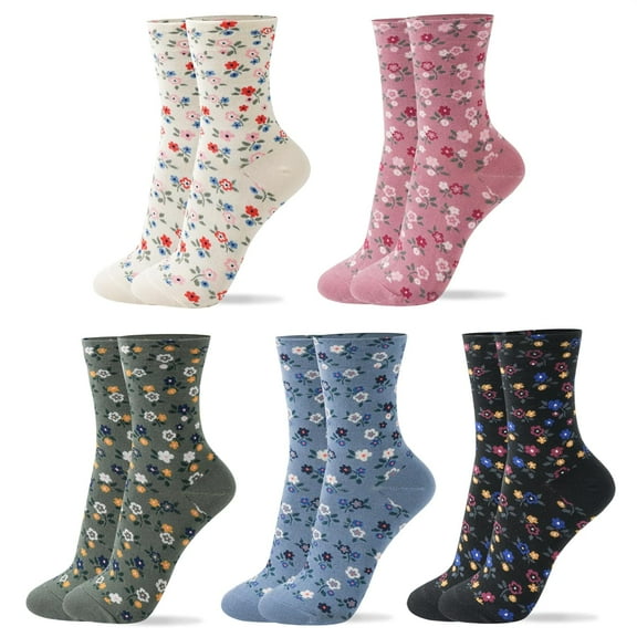 Women Crew Socks | 4-6 Pairs Flower Graphic Rainbow Striped Design Polka Dot Heart Leopard Pattern Cotton Socks | US 6-8