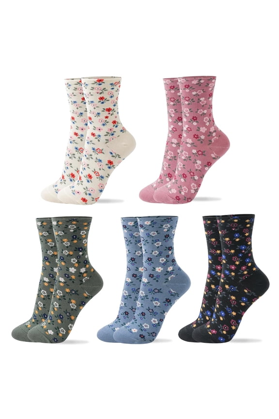 Women Crew Socks | 4-6 Pairs Flower Graphic Rainbow Striped Design Polka Dot Heart Leopard Pattern Cotton Socks | US 6-8