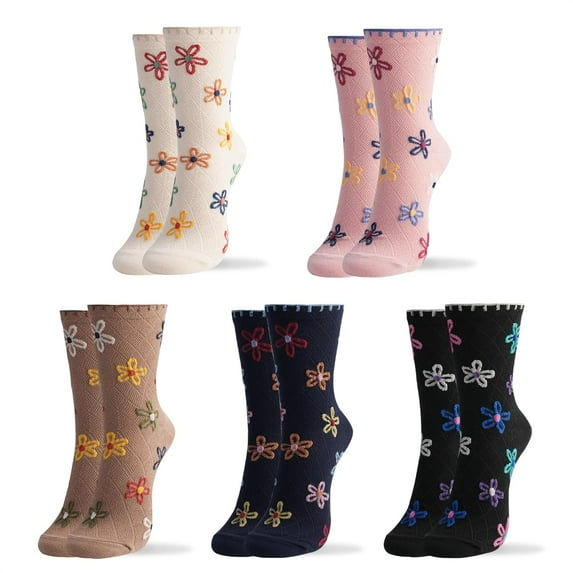 Women Crew Socks | 4-6 Pairs Flower Graphic Rainbow Striped Design Polka Dot Heart Leopard Pattern Cotton Socks | US 6-8