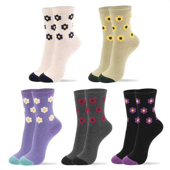 Women Crew Socks | 4-6 Pairs Flower Graphic Rainbow Striped Design Polka Dot Heart Leopard Pattern Cotton Socks | US 6-8