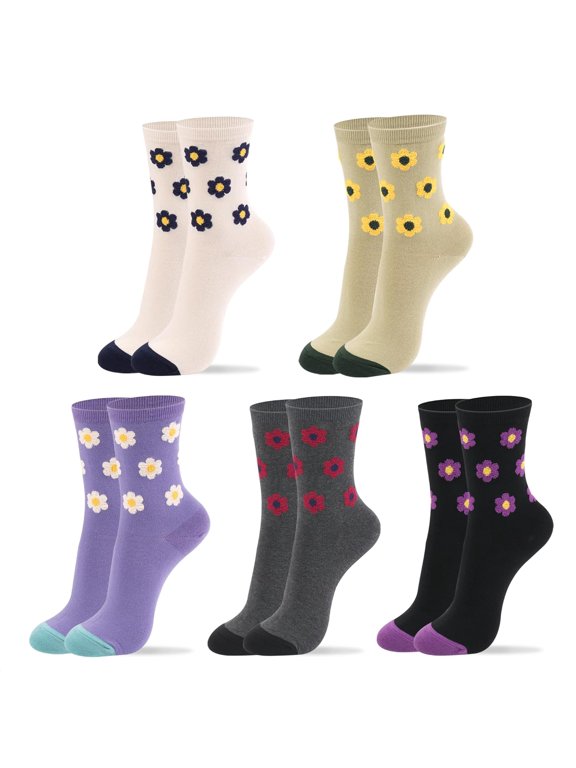 Women Crew Socks | 4-6 Pairs Flower Graphic Rainbow Striped Design Polka Dot Heart Leopard Pattern Cotton Socks | US 6-8