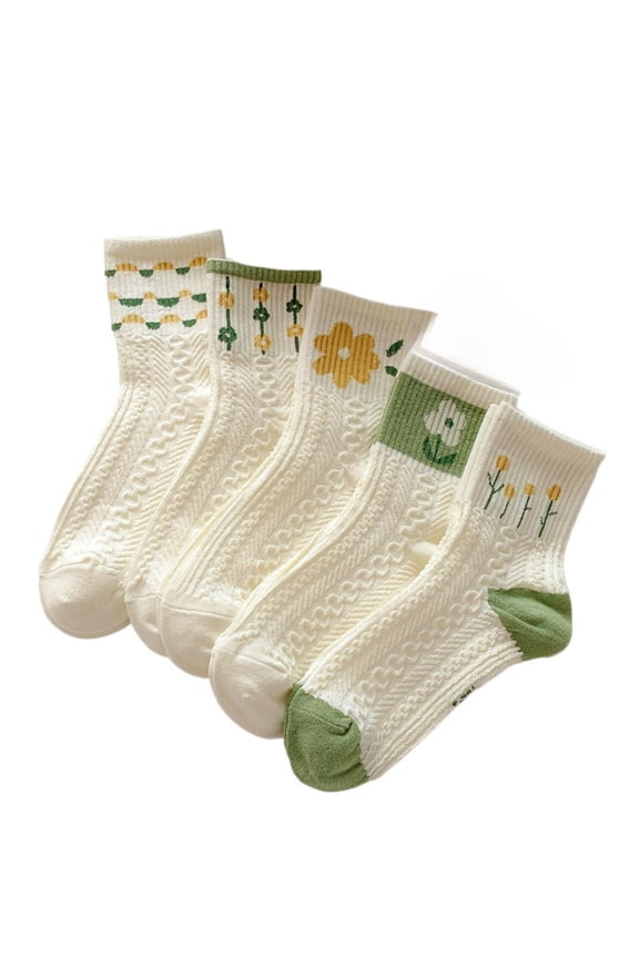 Women Crew Socks 5 Pairs Set Fashion Floral Crew Socks Patterned  Cute Knit Teen Girls Sport