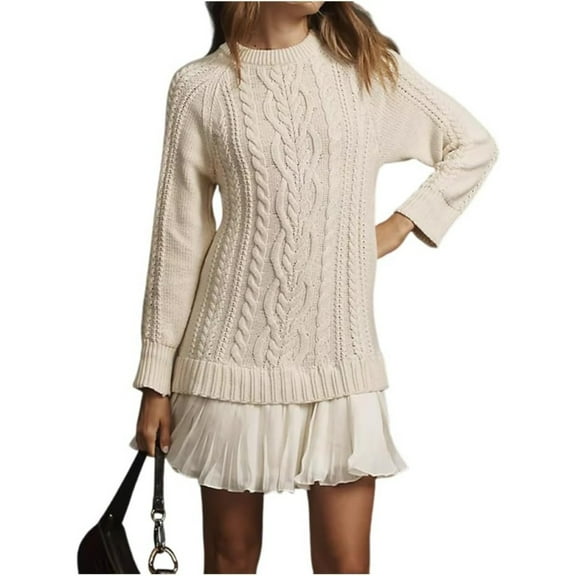Women Crewneck Cable Knit Sweater Mini Dress, Cable Knit Sweater Dress, Sweater Dress with Pleated Skirt