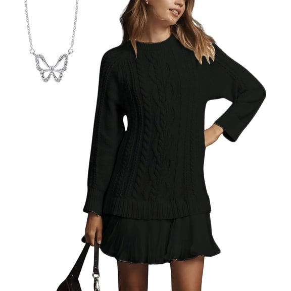 Women Crewneck Cable Knit Sweater Mini Dress, Sweater Dress with Pleated Skirt, Casual Twofer Style Patchwork Dress