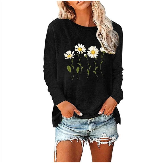 Women Crewneck Daisy Print Long Sleeve Sweatshirt Cotton Graphic Tops Casual Loose Fit Pullover Shirts for Fall Winter