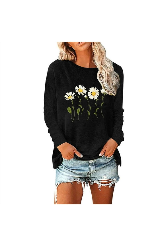 Women Crewneck Daisy Print Long Sleeve Sweatshirt Cotton Graphic Tops Casual Loose Fit Pullover Shirts for Fall Winter